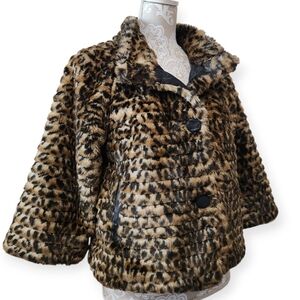 Via Spiga Leopard Print Faux Fur Swing Jacket With Raglan Sleeves Size Small